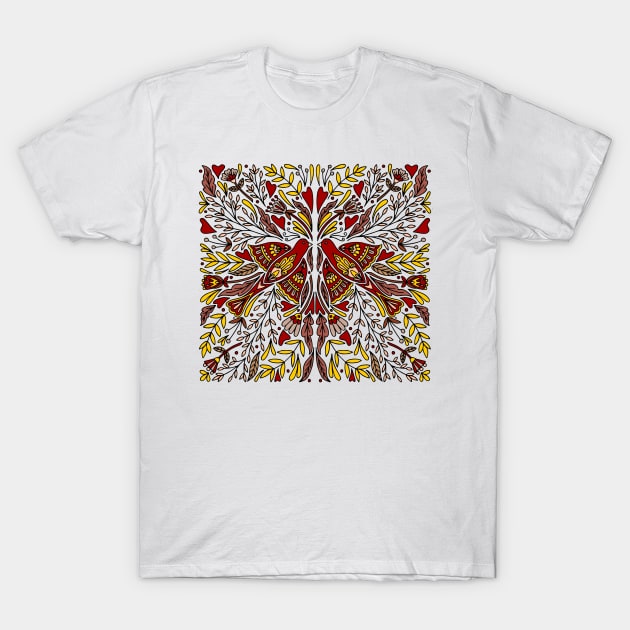 Folk Art Bird | Red Birds | Scandinavian Folk Art T-Shirt by HLeslie Design